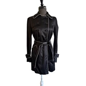IZ‎ Byer California Black Satin Trench Coat White Piping Double Breasted Small